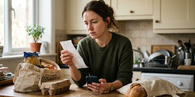 Woman reviewing a grocery receipt and phone at her kitchen counter after shopping for healthier groceries on a budget.
