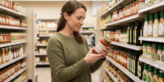 Shopper reading the ingredient list on a pasta sauce jar while clean label grocery shopping in a store aisle