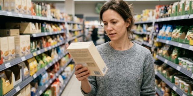 Health-conscious woman reading grocery labels on a packaged product while shopping thoughtfully in a store aisle