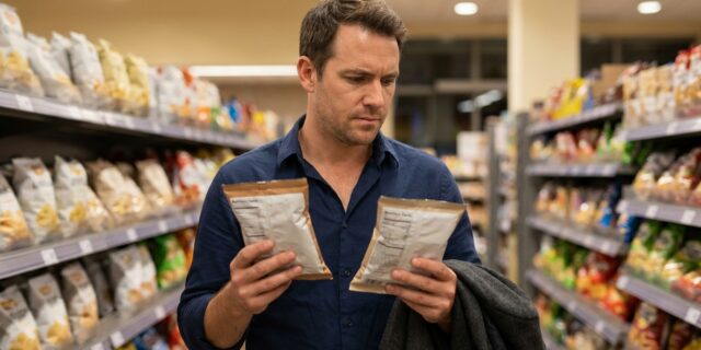 Tired professional in work clothes comparing two keto grocery products in a store aisle during keto grocery shopping