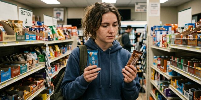 College student holding two snack bars in campus store aisle comparing labels on a tight grocery budget