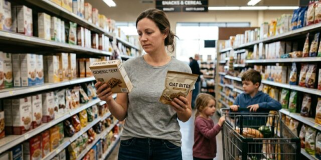 Mom comparing two grocery products in a store aisle while kids wait nearby, budget grocery shopping for families