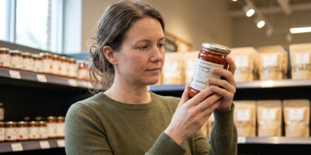 Experienced shopper reading an ingredient label on the back of a jar while clean ingredient grocery shopping