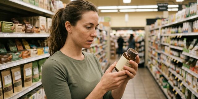 Woman reading nutrition label on a protein bar in a grocery store health food aisle, examining product ingredients