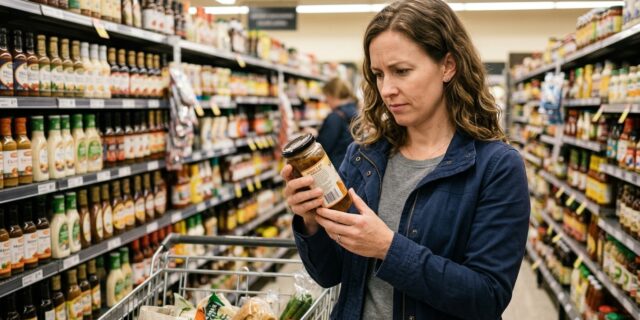 Gluten-free grocery shopper reading back label on marinade jar in condiment aisle of supermarket