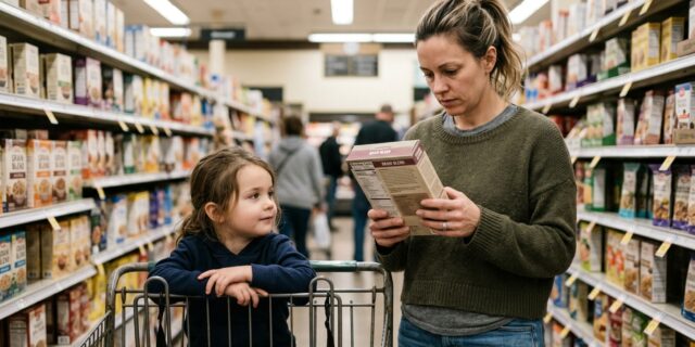 Busy mom reading the back of a food label in a grocery aisle while her young child sits calmly in the shopping cart