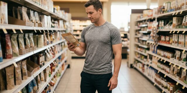 Man reading product label in grocery aisle while healthy grocery shopping for fitness goals