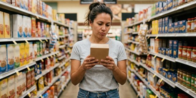 Woman reading product label in a grocery store aisle surrounded by shelves of packaged food options