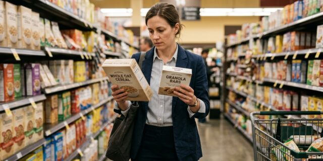 Busy professional comparing two keto products in a grocery store aisle after a long workday