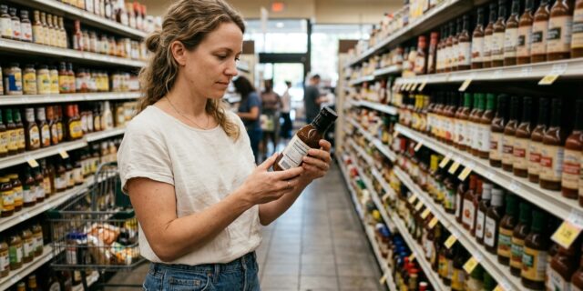 Person reading nutrition label on sauce bottle in grocery store aisle, keto grocery shopping label check