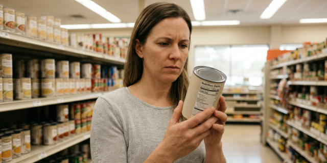 Woman reading the nutrition label on the back of a soup can in a grocery store canned goods aisle, checking sodium content