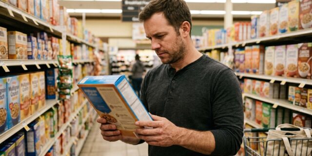 Man reading cereal box label carefully in grocery store aisle for nut allergy label check