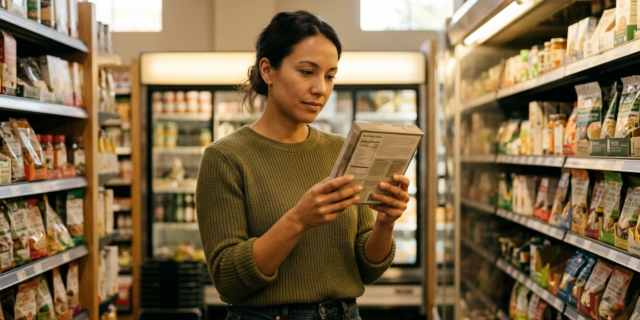 Woman reading ingredient label on packaged food in grocery store aisle while soy-free grocery shopping