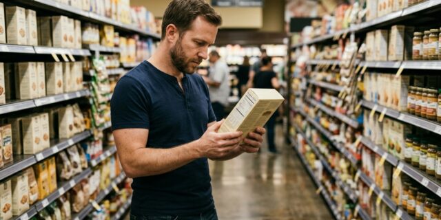 Man reading ingredient label on packaged product in grocery store aisle reviewing his vegan grocery shopping system