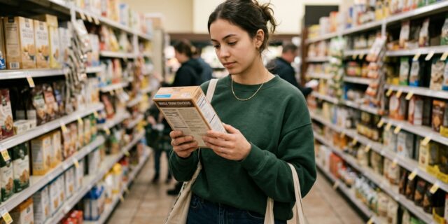 Vegan college student reading ingredient label on back of product package in grocery store aisle