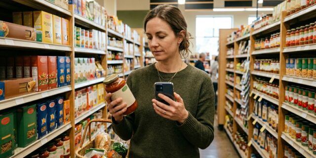 Woman comparing two grocery products in store aisle while checking phone for budget grocery shopping tips