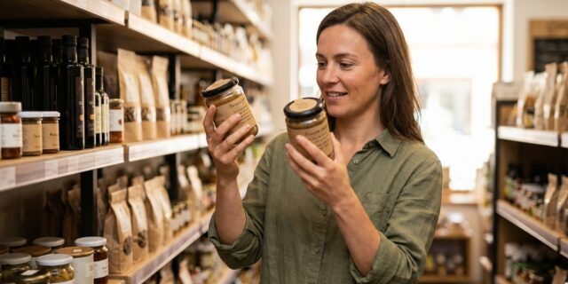 A woman comparing two artisan jars in a specialty grocery store aisle while gluten-free shopping