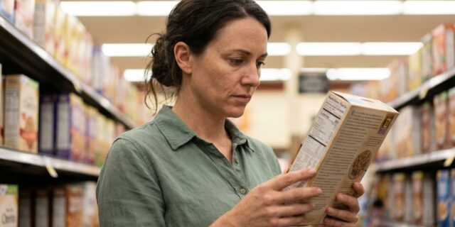 Woman reading the back label of a packaged product in a grocery store aisle, focused and calm, gluten-free shopping