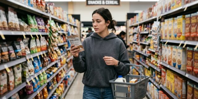 College student standing in grocery store aisle comparing packaged food options for healthy grocery shopping