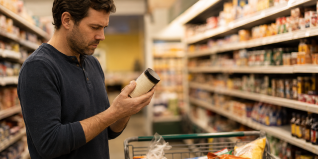 Man reviewing grocery product label in store aisle with full shopping cart beside him, checking ingredients
