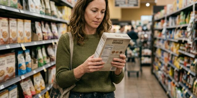 Woman reading ingredient label on packaged food in grocery store aisle, checking for seed oils while shopping