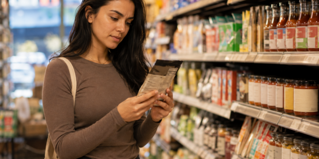 Vegan shopper reading ingredient label on back of packaged food in grocery store aisle