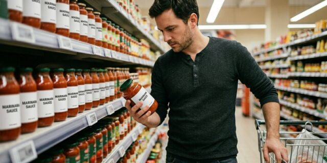 Man comparing pasta sauce prices in grocery store aisle, examining shelf tag closely while holding jar