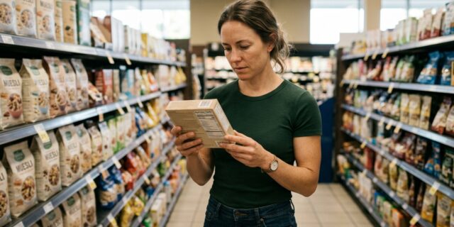 Fitness-focused shopper reading nutrition label on product in grocery aisle