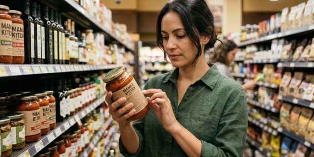 Food-conscious shopper reading ingredient label on pasta sauce jar in grocery store specialty aisle