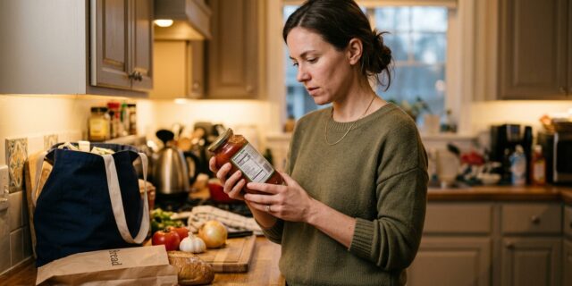 Woman reading the back label of a pasta sauce jar in a warm home kitchen, focused expression