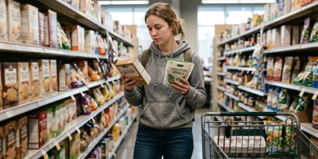 College student comparing two packaged keto products in a grocery store aisle with a modest cart of staples nearby