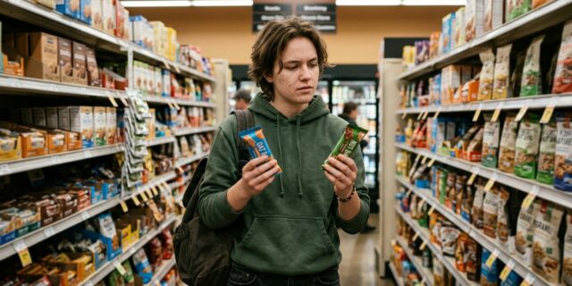 College student in grocery store aisle comparing two keto snack bars with backpack on, deciding which fits low-carb goals