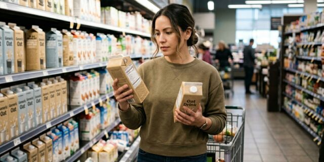 Woman comparing two oat milk cartons in the plant-based grocery aisle, reading ingredient labels before choosing