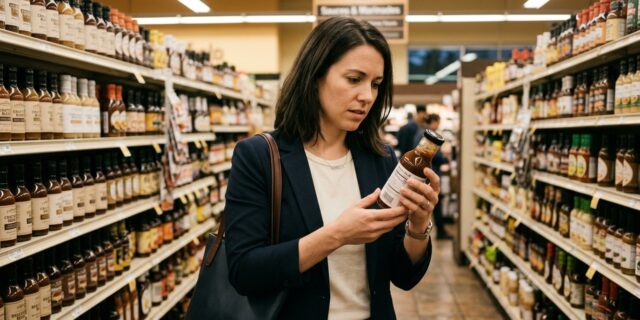 Vegan shopper reading ingredient label on marinade bottle in grocery store condiments aisle after work