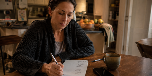 Mom sitting at kitchen table writing weekly grocery list on notepad with phone nearby, evening meal planning