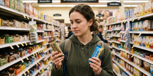 College student comparing two snack bars in a grocery store aisle, backpack over shoulder