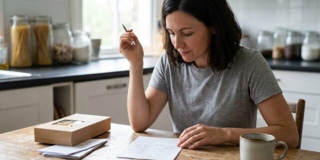 Mom reviewing grocery list at kitchen table with pantry staples nearby, planning meals for her family
