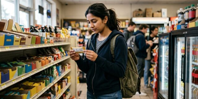 College student reading granola bar label in campus store, checking gluten-free ingredients before class