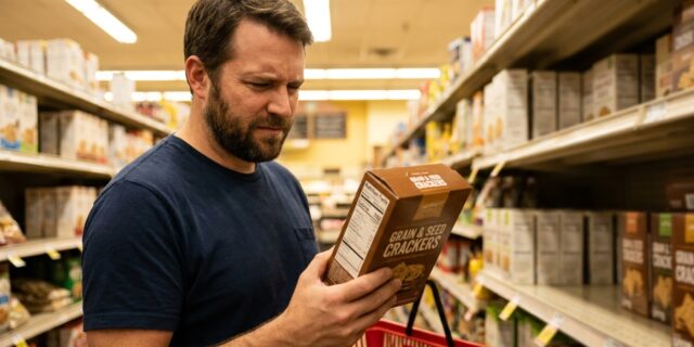 Man reading grocery product label in a grocery store aisle after work, making a thoughtful shopping decision