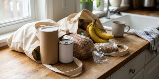 Grocery bags being unpacked on a kitchen counter with oats, canned beans, bread, and produce visible
