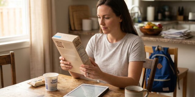 Mom reviewing grocery product labels at kitchen table with cereal and snacks, planning a low sugar grocery list
