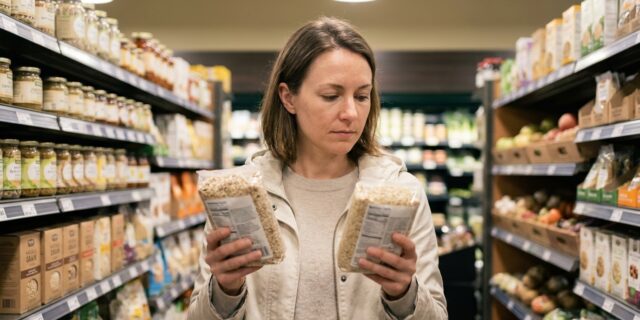 Health-conscious professional comparing two premium grocery products in a natural foods aisle, reading nutrition labels