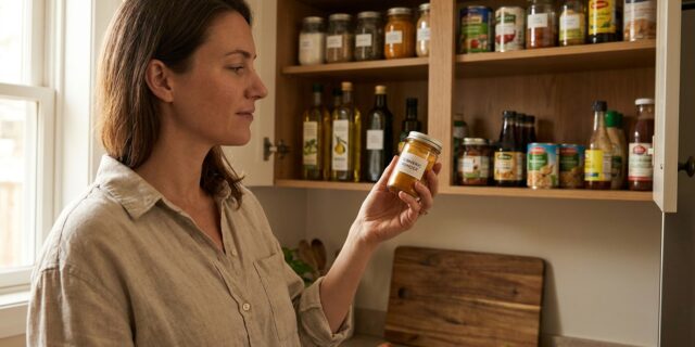 Woman reviewing pantry shelves while rebuilding a sesame-free grocery routine at home