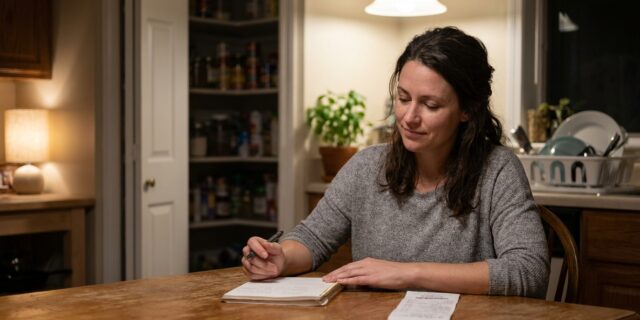 Vegan mom at kitchen table planning weekly family meals with notebook, pen, and grocery receipt on Sunday evening
