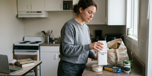 College student unpacking vegan groceries on a small kitchen counter with plant-based staples and pantry items