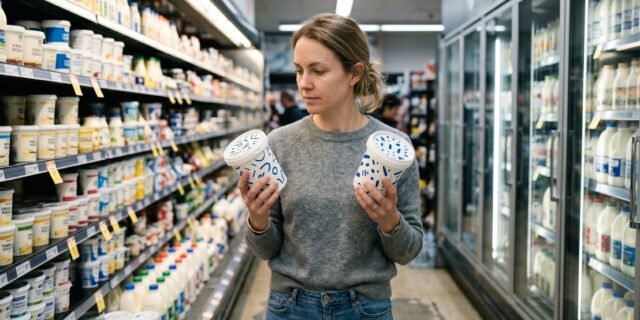 Woman in grocery aisle comparing two yogurt containers, reading labels for a budget friendly grocery list