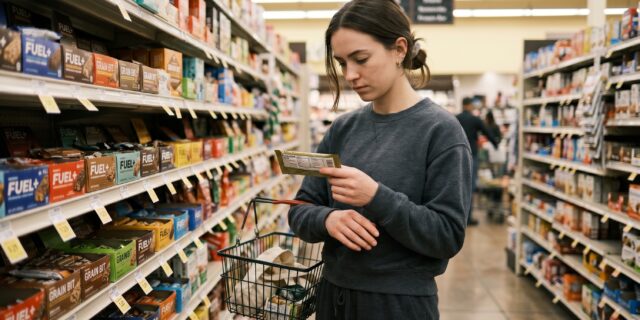 College student reading nutrition label on protein bar in grocery store aisle for fitness shopping