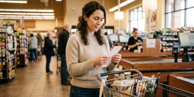 Woman reviewing grocery cart at store checkout with gluten-free products, budgeting her grocery shop