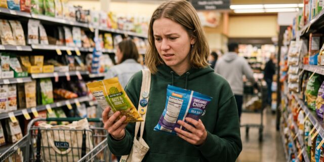 College student comparing two keto-friendly packaged products in a grocery store aisle, looking uncertain about which to choose