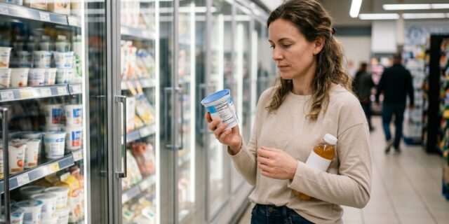 Shopper comparing back labels on two sugar-free grocery products in a store aisle